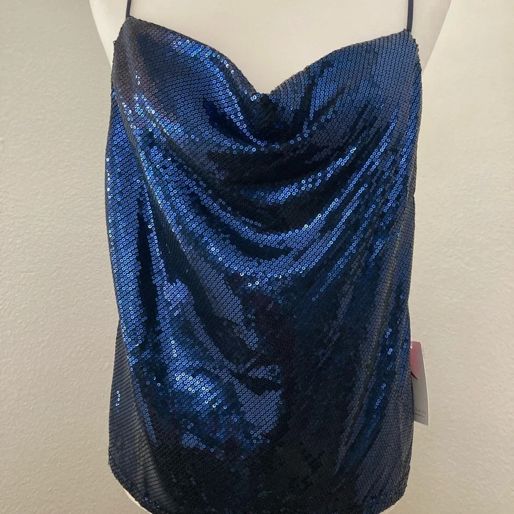 Dark Blue Sequins Spaghetti Strap Holiday Special Occasion Large Top